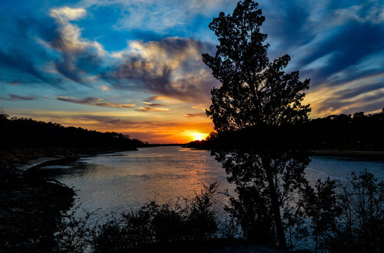 Tree leaning over waters edge at sunset looking over Intracoastal Waterway at Snow's Cut Bridge North Carolina © Lee