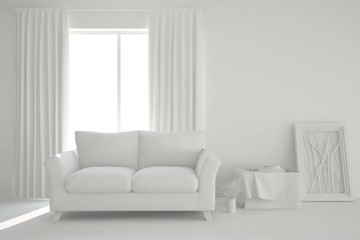 White room with sofa. Scandinavian interior design. 3D illustration