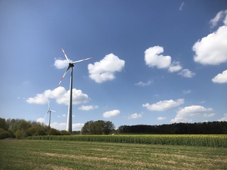 Frühling in der Natur mit Windkraftanlage vor blauem Himmel