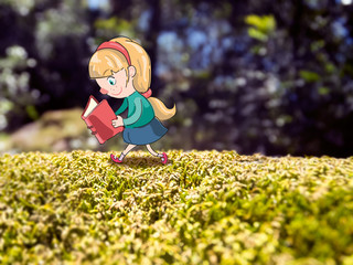 niña caminando por el campo y leyendo
