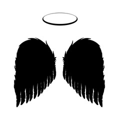 Silhouette of black angel wings and halo on a white background. Vector feathers silhouette design element. - 147260939