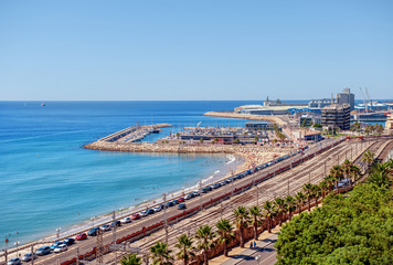 Fototapeta premium The port and the coast of Tarragona in Italy aerial view in Sunny day, horizontal frame