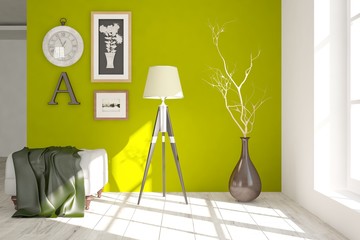 Green modern room with chair. Scandinavian interior design. 3D illustration