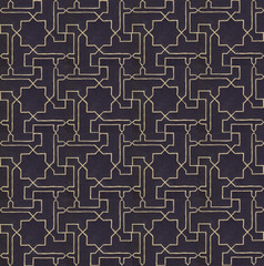 Hand-drawn seamless pattern. Gold ornament on black paper in the oriental style of girih.