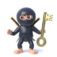 3d Funny cartoon ninja warrior assassin holding a symbolic gold key