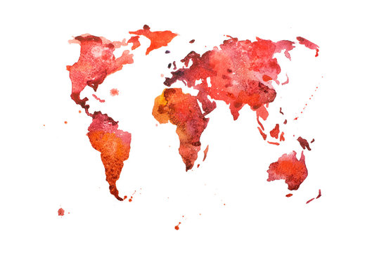 Hand drawn watercolor world map aquarelle illustration.