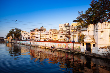 Indian architecture in Udaipur Rajasthan. Panoramic view of Pichola lake