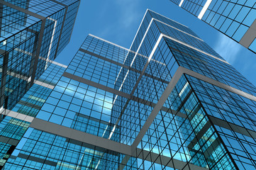 Abstract group of building with bright and clear sky both on background and reflecting on facade. 3D illustration. - 147271312