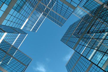 Fototapeta na wymiar Abstract group of building with bright and clear sky both on background and reflecting on facade. 3D illustration.