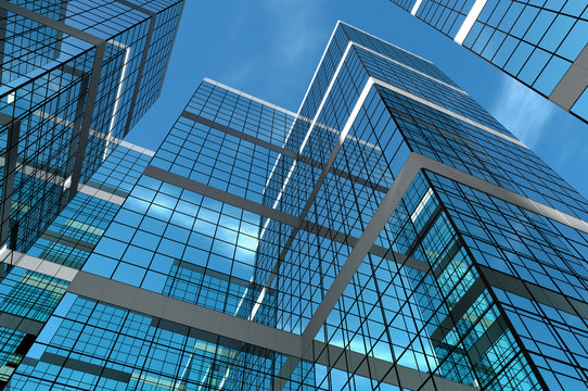 Abstract group of building with bright and clear sky both on background and reflecting on facade. 3D illustration.