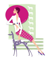 Young woman on royal races, Young woman of fuchsia color in a hat and with a purple dog sits on a wall background with white horse silhouettes. Isolated on white background