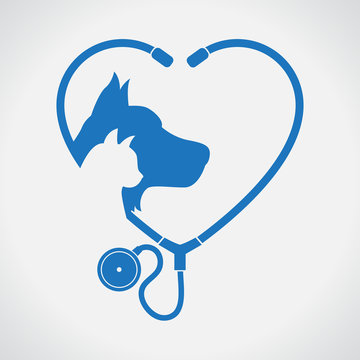 Cat and Dog. Blue Heart. Veterinary symbol