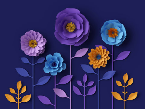 3d render, digital illustration, blue violet yellow paper flowers wallpaper, spring summer background, floral design elements