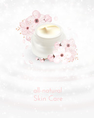 Moisturizing cosmetic ads template. Cream products mockups advertising isolated upon water, nature background against light white bokeh. 3d illustration. moisture face skin care containers .