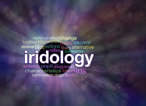 Iridology concept banner - dark deep purple bokeh background with a white IRIDOLOGY word astride  a black iris circle with a relevant word cloud above and below and copy space 
