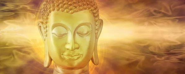 Foto auf Acrylglas Buddha Goldener Buddha in tiefer Kontemplation - Achtsamkeit Goldener Buddha auf einem wunderschönen ätherischen, subtilen goldenen, fließenden Energiehintergrund mit Kopienraum auf beiden Seiten