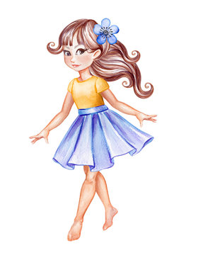 watercolor illustration, cute little girl in blue skirt walking, bare feet, dancing, child, doll, clip art isolated on white background