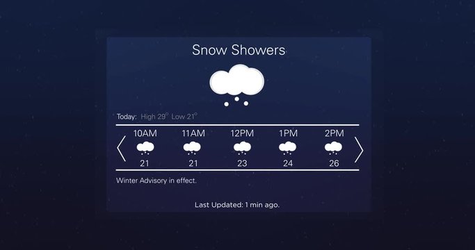Modern Generic computer screen motion graphics app of a weather forecast - snow showers
