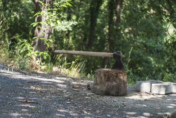 detail of classic lumberjack axe