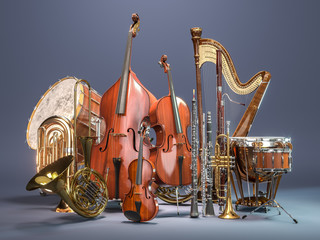 Fototapeta premium Instrumenty muzyczne orkiestry na szarym tle. Renderowanie 3D