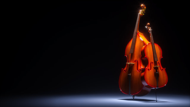 Double bass and cello in dark studio 3D rendering