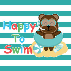 Cute monkey brings swim ring and glasses on striped background vector cartoon, Summer postcard, wallpaper, and greeting card, T-shirt design for kids