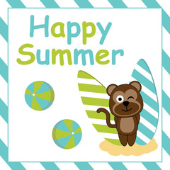 Cute monkey is standing beside surfing board vector cartoon, Summer postcard, wallpaper, and greeting card, T-shirt design for kids