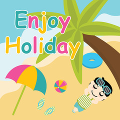 Cute boy enjoy holiday on the beach vector cartoon, Summer postcard, wallpaper, and greeting card, T-shirt design for kids
