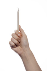 woman hand hold a pencil isolated white.