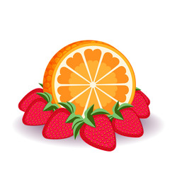 Half an orange surrounded by whole strawberries.
