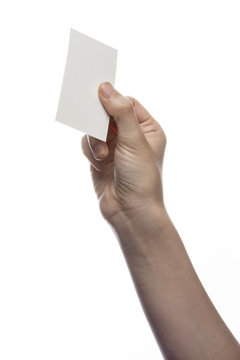 woman hand hold a paper(name card) isolated white.