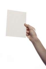 woman hand hold a paper(post card) isolated white.