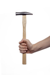 woman hand hold a hammer isolated white.