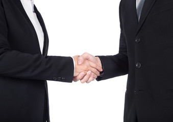 shaking hand between businessman and businesswoman isolated on white