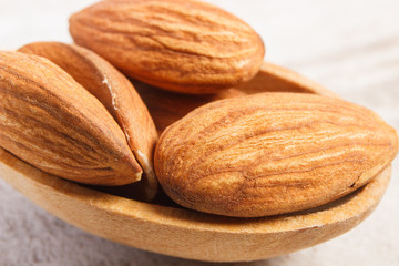 Closeup of almonds on wooden spoon