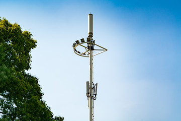 communication tower pole, mobile, internet 4G, wifi with blue sky background