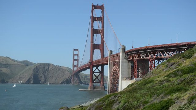 HD video of The Golden Gate Bridge, an engineering marvel of construction and architectural landmark which sees both automobile and pedestrian traffic in San Francisco, California, USA