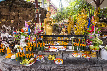 The Sacrifice Flowers (offerings) in Wat Si Muang Buddhist temple in Vientiane, Laos