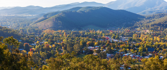 Beautiful countryside town in autumn aerial panorama - Bright, Victoria, Australia - 147381596