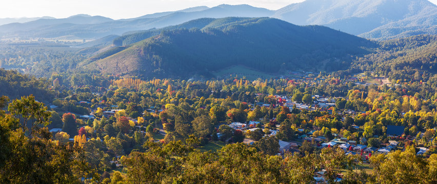 Beautiful Countryside Town In Autumn Aerial Panorama - Bright, Victoria, Australia