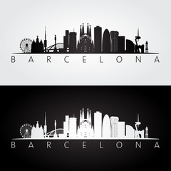 Barcelona skyline and landmarks silhouette, black and white design.