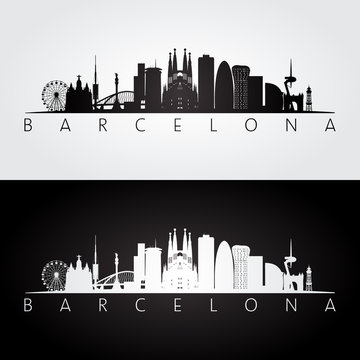 Barcelona Skyline And Landmarks Silhouette, Black And White Design.