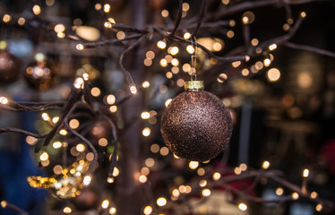 Blurred abstract dark background light with Christmas toys