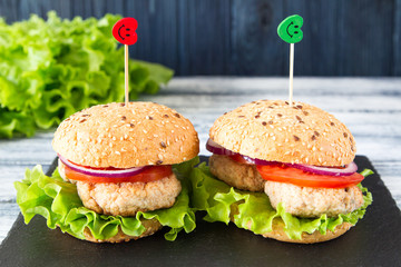 Homemade healthy Turkey Burger with Lettuce and Tomato. selective focus