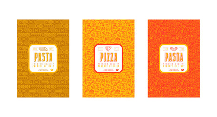 Set of seamless pattern and template labels for pizza and pasta