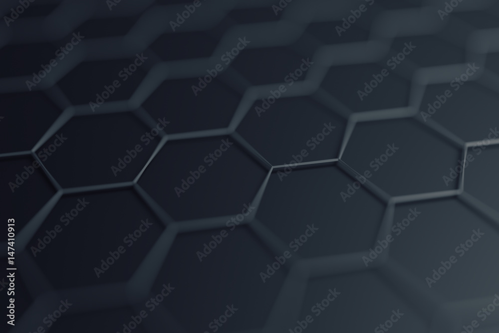 Poster abstract 3d rendering of futuristic surface with hexagons. contemporary sci-fi background with bokeh