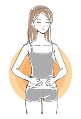 お腹に手をあてる女性　ロングヘア