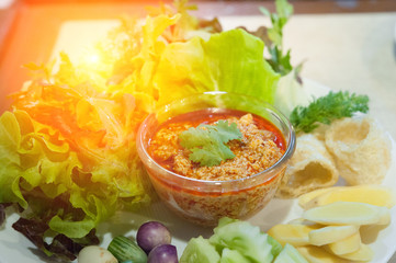 Northern Thai Tofu and Tomato Spicy Dip Selective focus (Thai name is Nam prik ong) / Thailand Food of  Vegetarian , No meat-Made from tofu (soy)