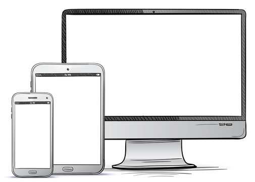 Computer Screen, Tablet PC, Smart Phone Hand Drawn Vector illustration.