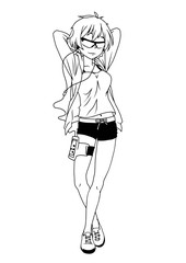  Girl fitness walking music,illustration,logo,ink,black and white,outline,isolated on a white